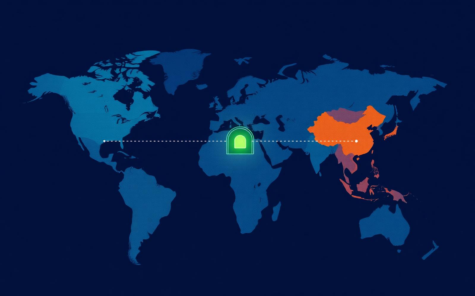 Editorial world map with distinct regional data zones and glowing in-region vaults, symbolising per-jurisdiction data residency for KYC