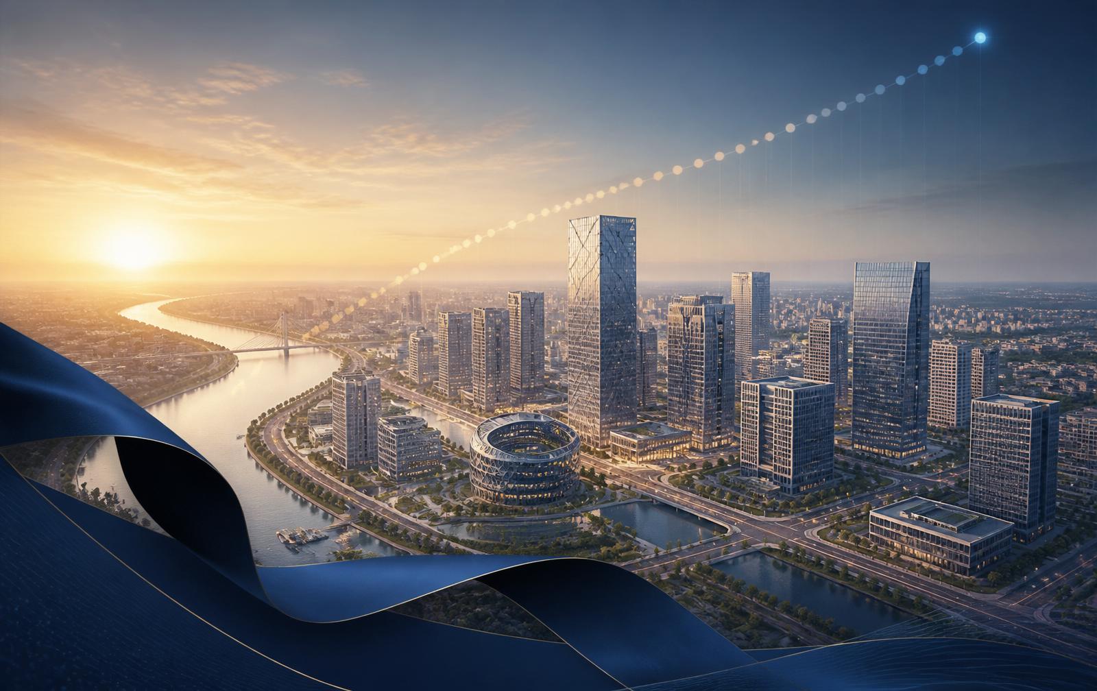 Aerial illustration of GIFT City IFSC at dawn with a stylized navy press-brief ribbon and a rising arc of glowing dots