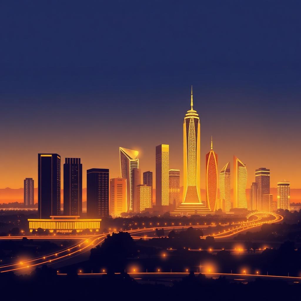 Stylized dusk skyline of GIFT City IFSC with warm gold lights against a deep navy sky
