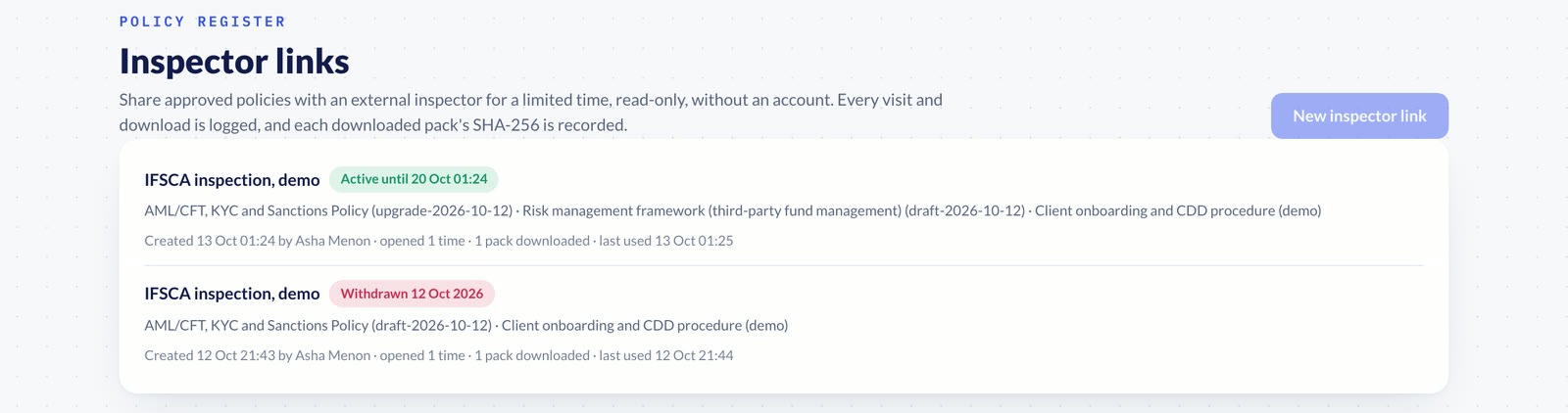 Inspector links in Policy Register, demo data: time-limited, read-only links for an external inspector, one active and one withdrawn, with visits and downloads logged.