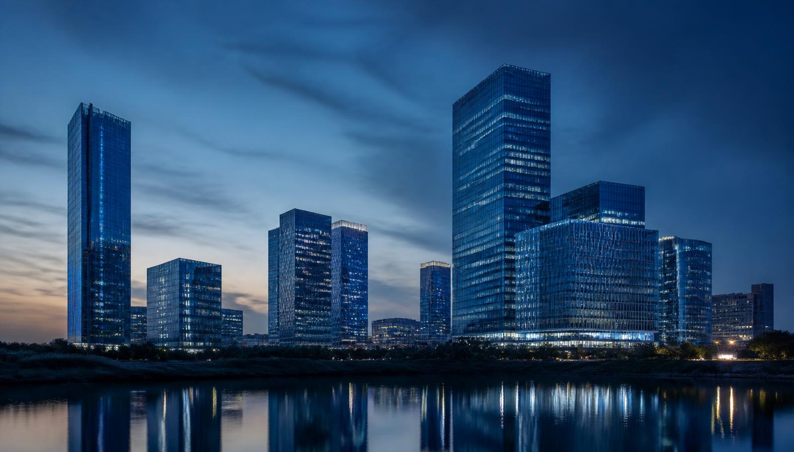 GIFT City IFSC financial district towers at dusk, reflected in water