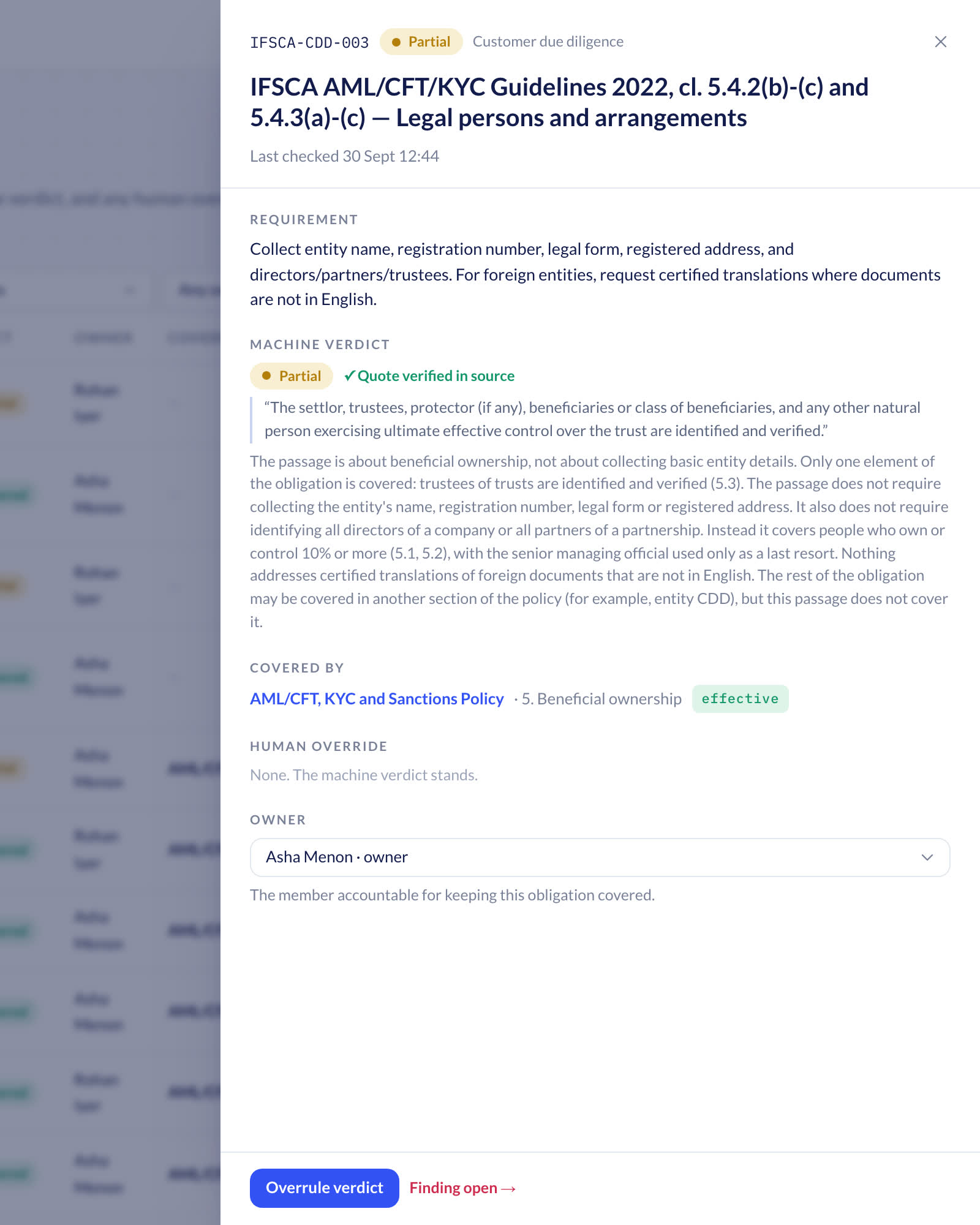 Obligation detail in Policy Register, demo data: an IFSCA Guidelines clause, a partial verdict with the verified quote and reasoning, the covering section, and the option to overrule with a reason.