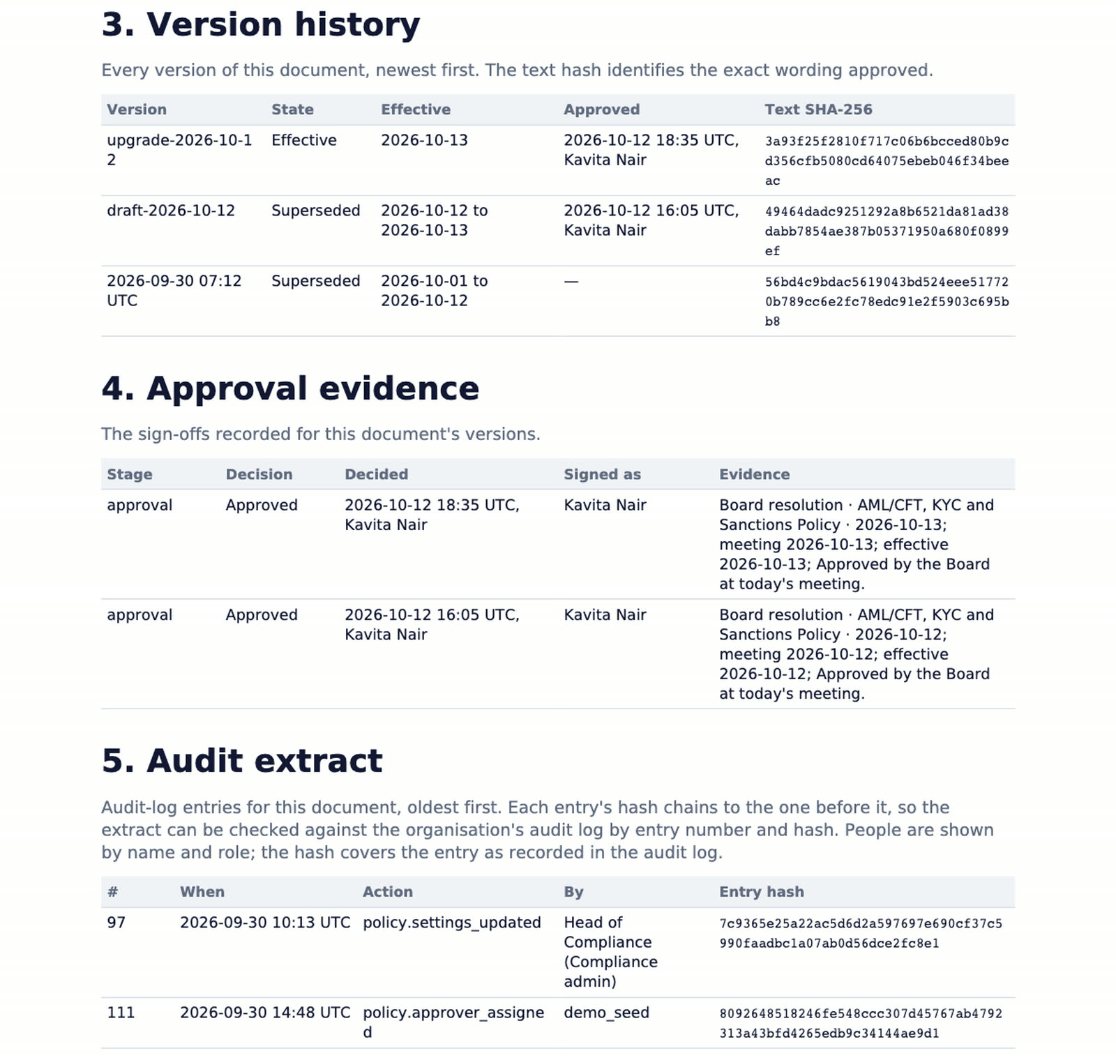 Pages from a Policy Register regulator pack, demo data: version history with text hashes, board approval evidence, and a hash-chained audit extract.