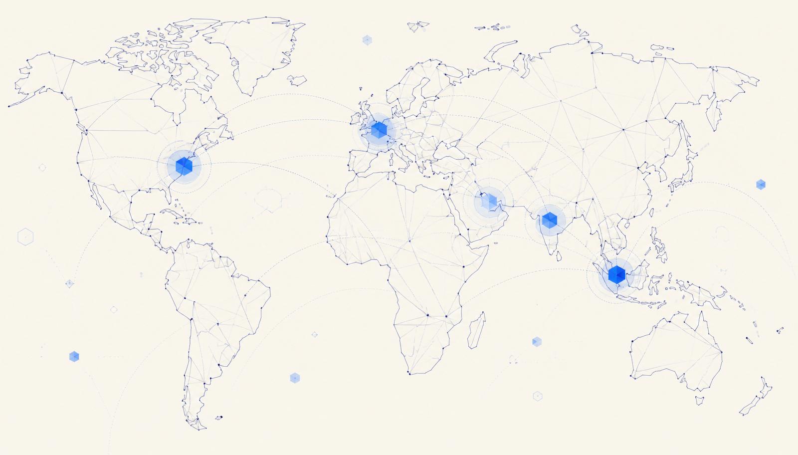 Stylized world map with financial hubs connected by dashed routes