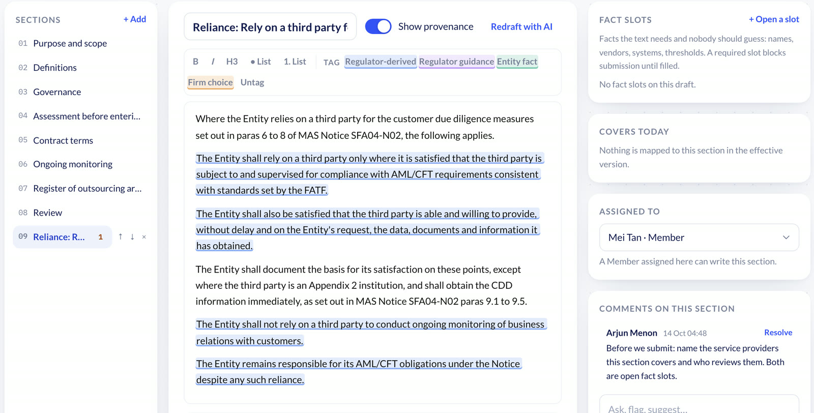 A policy section in Policy Register assigned to a team member, demo data, with sentences citing MAS Notice SFA04-N02 and a reviewer's comment.