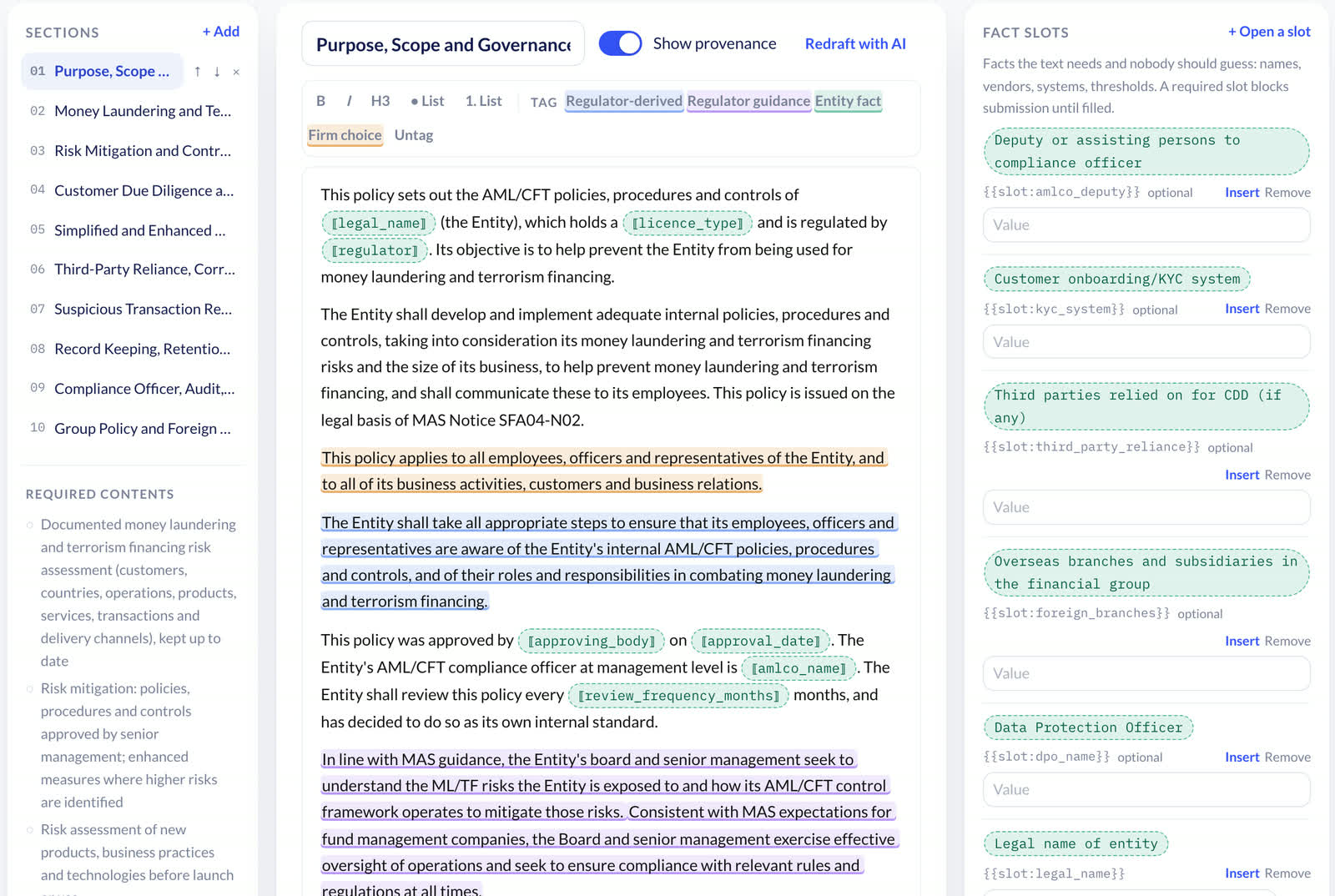 Policy Register section editor drafting a Singapore fund management company's AML/CFT policy, demo data: sentences tagged by source, and fact slots for details only the firm can supply.