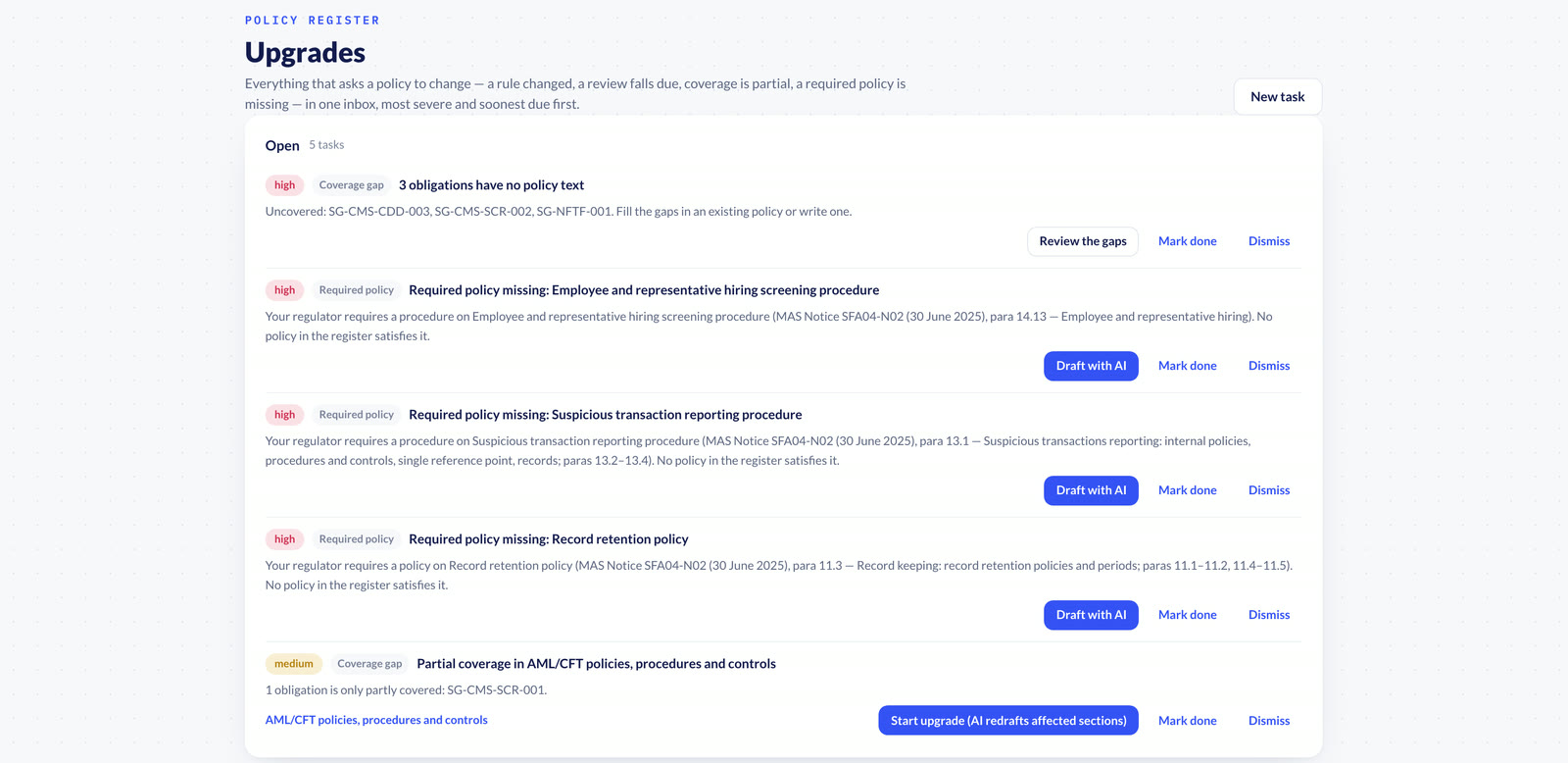 Policy Register upgrades inbox for a Singapore fund management company, demo data: missing required policies citing MAS Notice SFA04-N02, and a partial-coverage task.