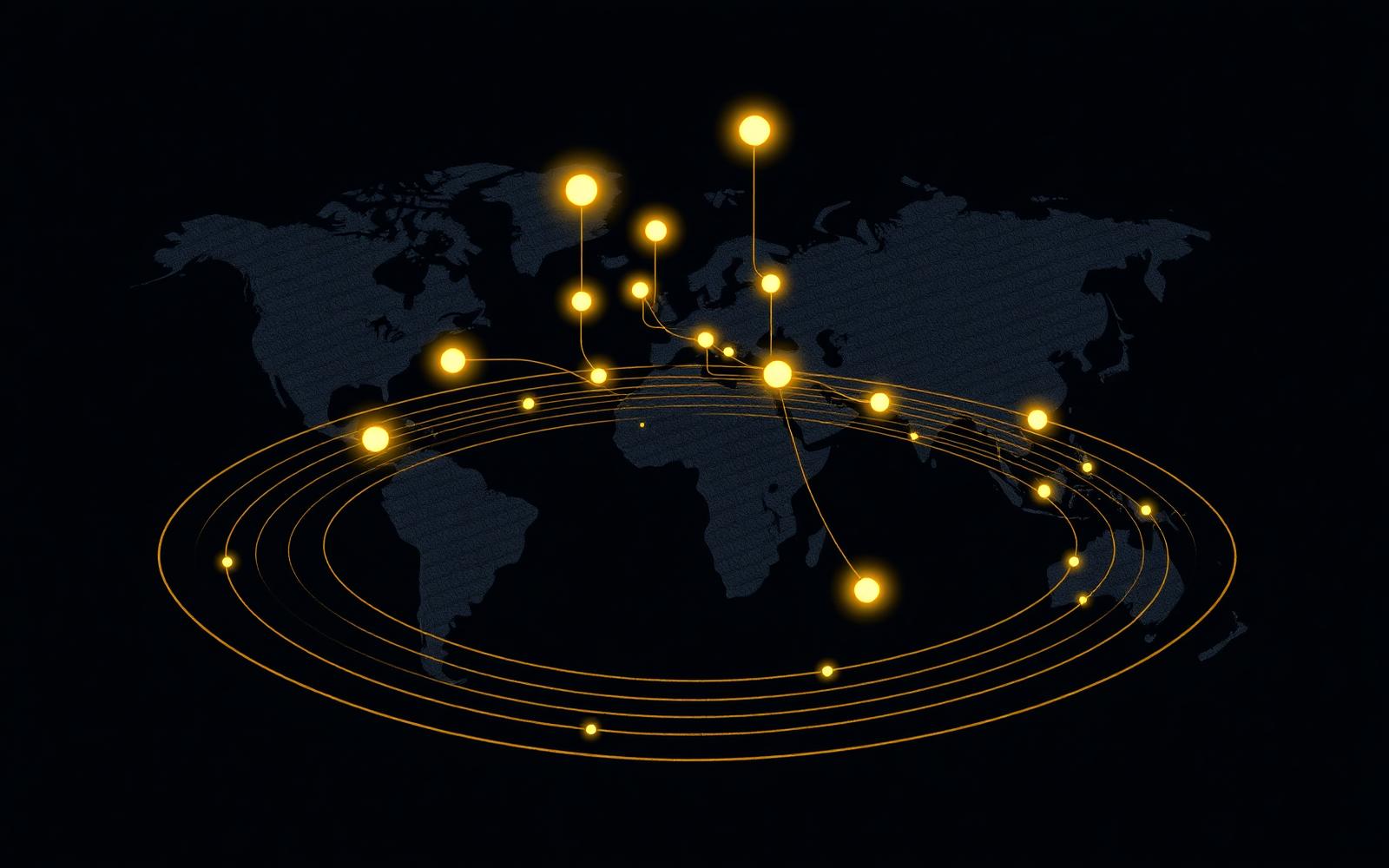 Editorial world map with glowing gold financial-hub markers connected by concentric regulatory rings on a deep navy background