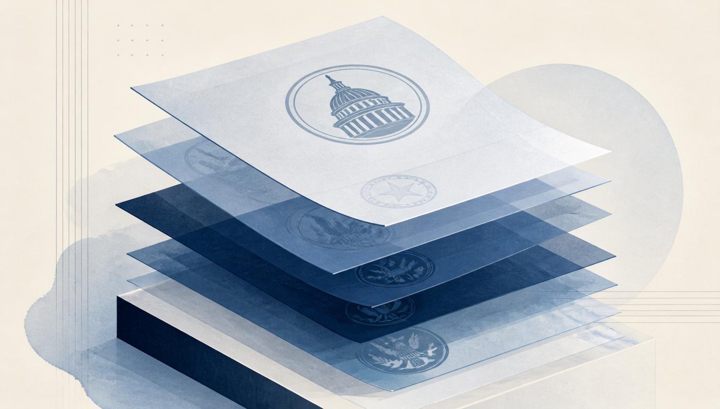 Stacked translucent regulatory papers with subtle jurisdictional seals