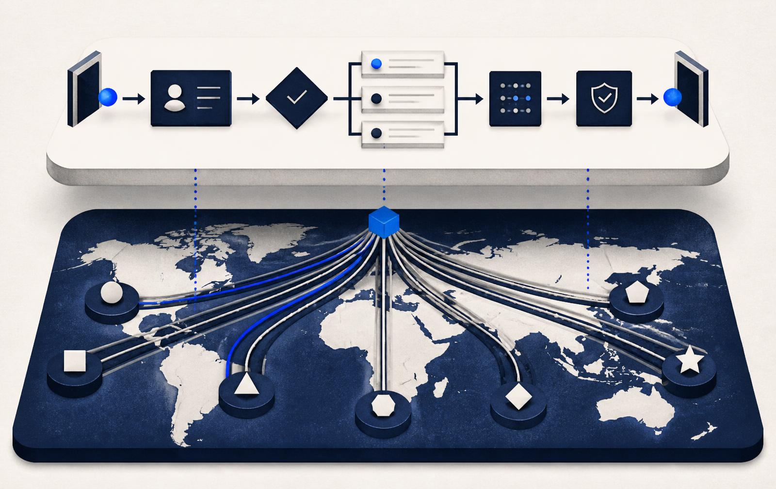 Editorial illustration of a compliance stack split into two layers: a workflow chain above, and routing rails fanning out to vendor nodes across a world map below